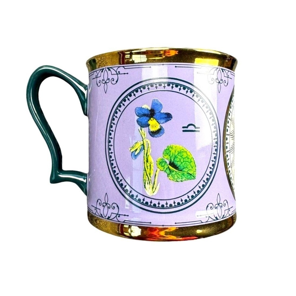 Libra Zodiac Mug Victorian Trading Co‎ Celestial Astrology Gold Rim Green 12oz